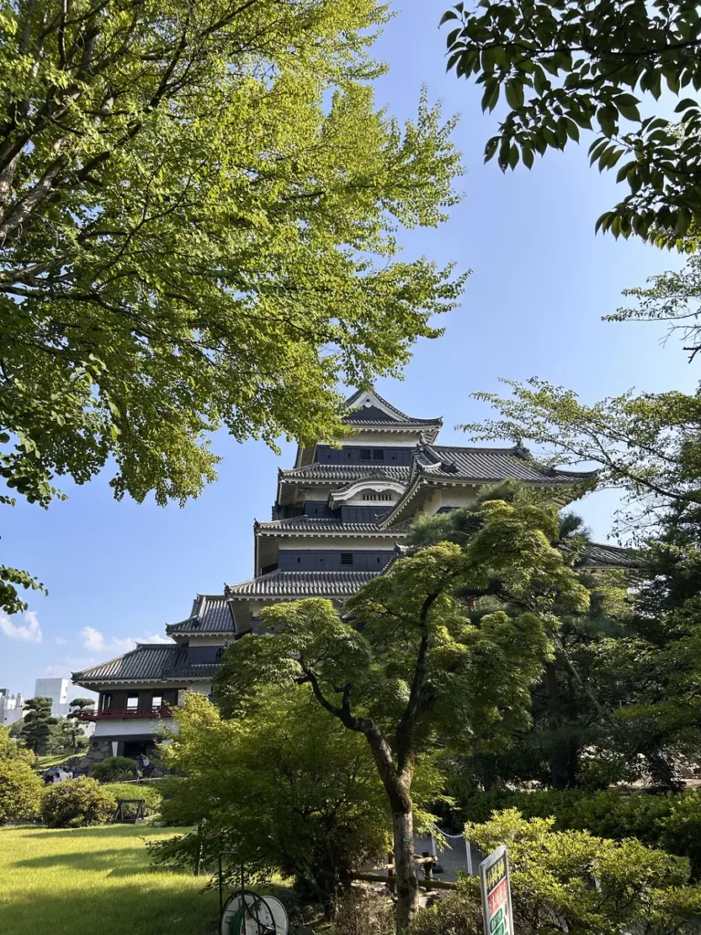 Japans kasteel met bomen in de zomer, gefotografeerd tijdens de Japanreis van Reikicentrum Salomons